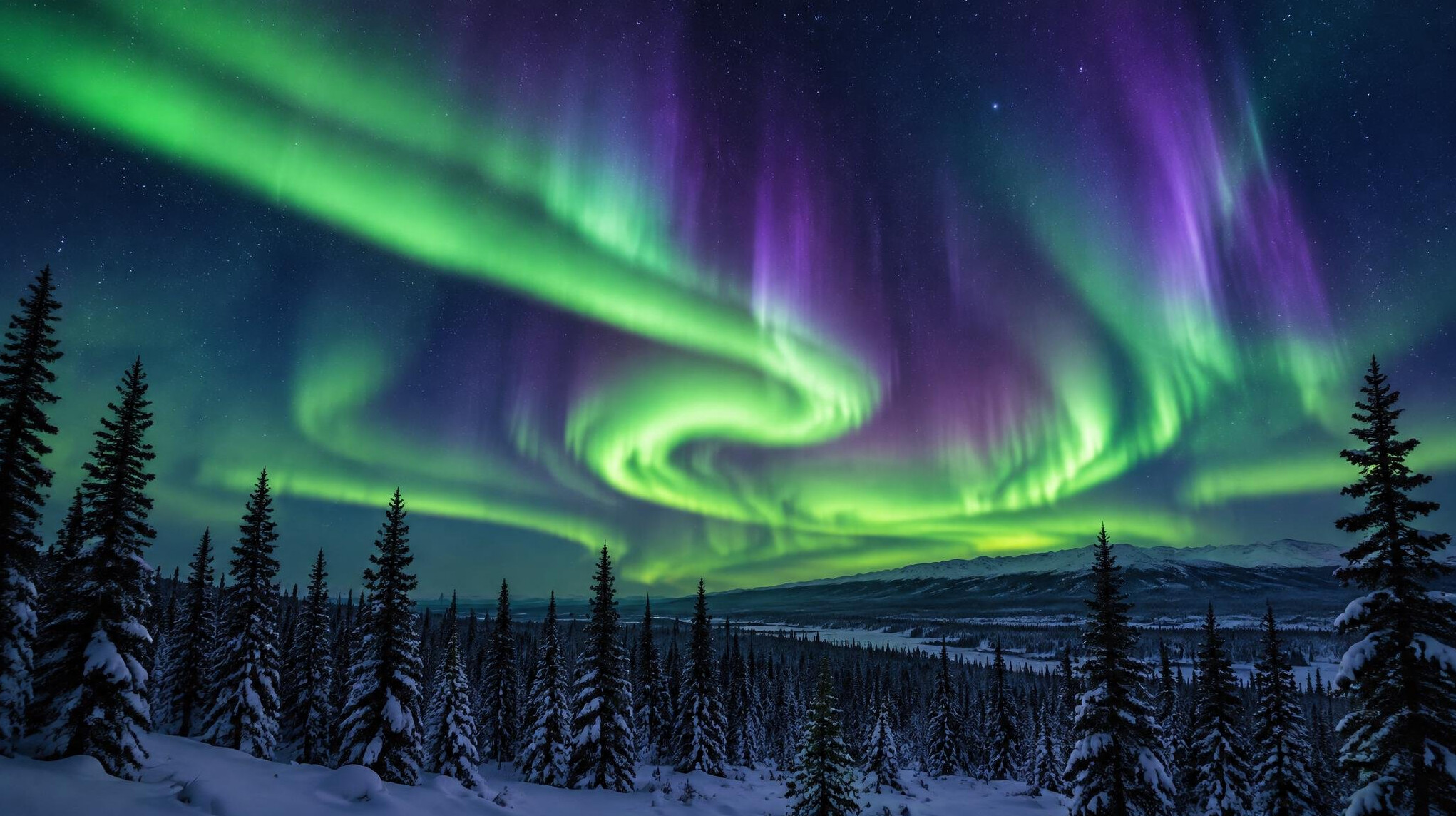 Northern lights glowing green over a snowy forest in the Yukon