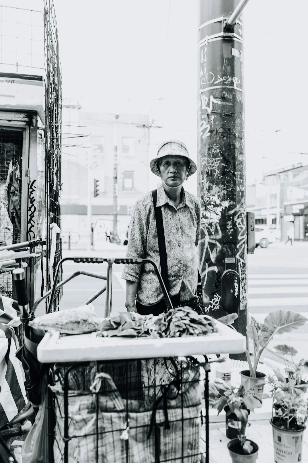 Close up portrait of a street vendor smiling at a Toronto market stall