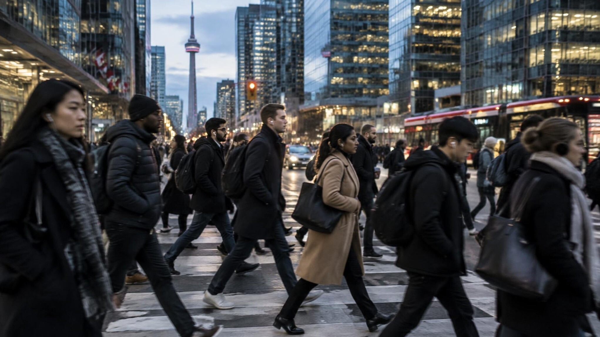 Busy pedestrian crossing in downtown Toronto with a diverse crowd of commuters